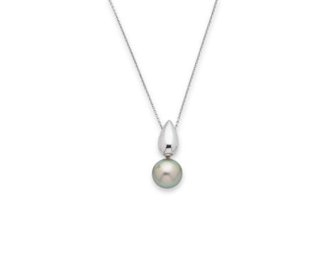  † Schoeffel: A Tahitian pearl pendant necklace  The Tahitian pearl suspended from a drop-shaped bale, stamped 750; to a trac