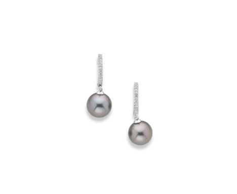  † A pair of 18ct white gold Tahitian pearl and diamond earrings  Each set with a row of graduated round brilliant-cut diamon