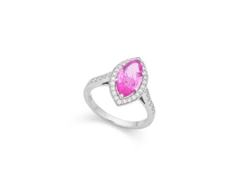  † A platinum pink sapphire and diamond ring  Claw-set with a marquise-cut pink sapphire, weighing approximately 2.00cts, the