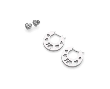  † Two pairs of diamond earrings  The first pair modelled as a heart, each set with three small round brilliant-cut diamonds,