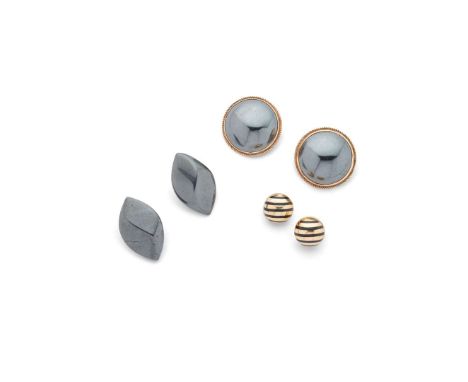  † A collection of earrings  Including a pair of 9ct gold cabochon hematite earrings in a rope-twist border; a pair of shaped