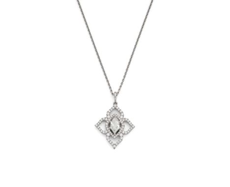  † A platinum diamond cluster pendant necklace  Claw-set with a marquise-shaped diamond in a shaped open surround set with ro