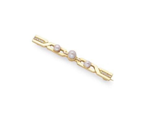  † A Scottish freshwater pearl and diamond brooch  The bar brooch of geometric design, set with three Scottish freshwater pea