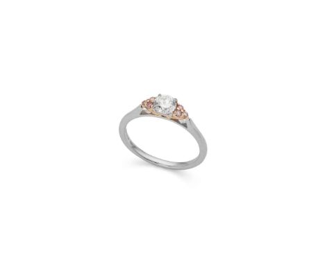 † A diamond and fancy-coloured diamond ring  Claw-set with a round brilliant-cut colourless diamond, weighing approximately 
