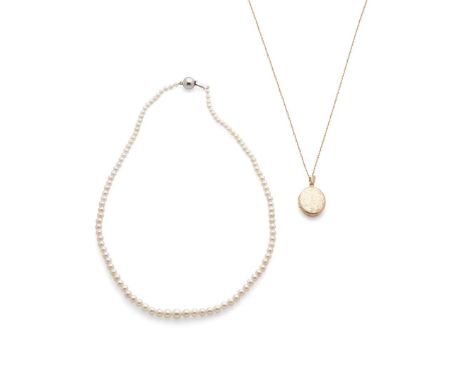  † A cultured pearl necklace  composed of graduated cultured pearls, to a ball clasp, stamped 925; together with a 9ct yellow