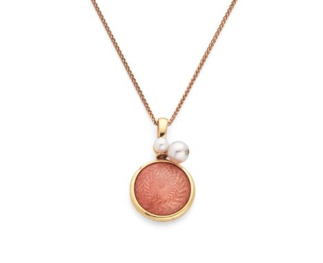 † Victor Mayer: A 'Candy' pendant necklace  The circular pendant with pink guilloché enamel detail, also suspending two cult