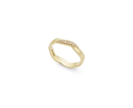  † An 18ct yellow gold diamond ring  Of scalloped outline, set with small round brilliant-cut diamonds, UK hallmarks Ring siz