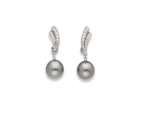  † A pair of Tahitian pearl and diamond earrings  Each suspending a Tahitian pearl from a curved diamond set surmount, hinged