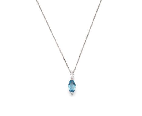  † An 18ct white gold aquamarine and diamond pendant necklace  Claw-set with a marquise-cut diamond and aquamarine, UK hallma