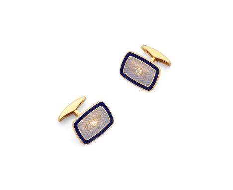  † Victor Mayer: A pair of 'Dorian' cufflinks  Each rounded-rectangular terminal collet-set with a round brilliant-cut diamon