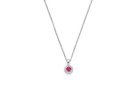  † An 18ct white gold ruby and diamond cluster pendant necklace  Claw-set with a round-cut ruby in a border of round brillian
