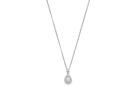  † An 18ct white gold diamond pendant necklace  Claw-set with a pear-shaped diamond in a border of round brilliant-cut diamon