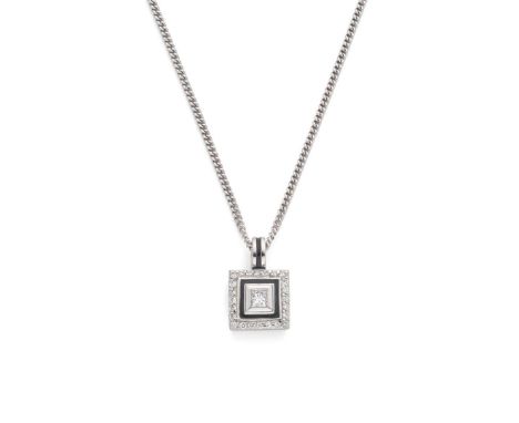  † An 18ct white gold diamond and enamel pendant necklace  Collet-set with a princess-cut diamond in a border of black enamel