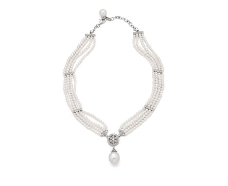  † A cultured pearl and diamond necklace  Composed of four rows of cultured pearls set at intervals with diamond-set spacers,