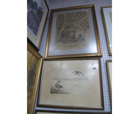 R.J. FLint, Barn Interior, original artwork, signed and dated '65, 48 x 36cm; Leon Van Ching, limited edition of 500, print o