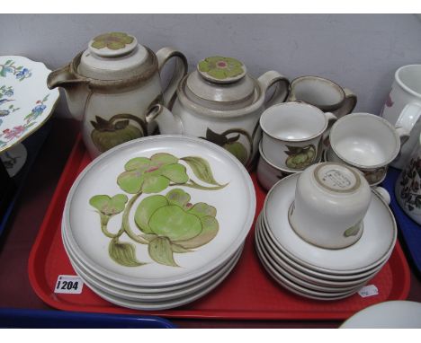 Denby 'Troubador' Pattern Teaware, comprising teapot, coffee pot, milk jug, six large plates, six saucers and five cups:- One