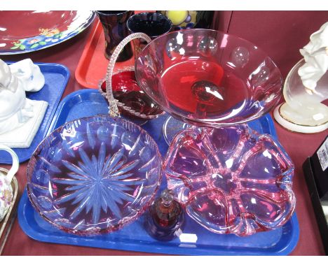 Cranberry Tinted Comport Dish, ruby glass basket and a Murano style circular bowl with crimped rim:- One Tray