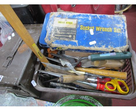 Tools, hammer, socket set, oil can Army Ammunition case with pliers etc, other tools.