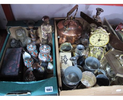 XIX Century Copper Kettle, plated candlestick, pewter and plated tankards, various pipes, wooden 'T' square, Oriental teaware