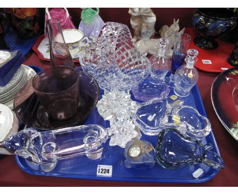 French Art Glass, dog posy and pin trays, etched mark, Swarosvki water lily candle holder, Murano frog, amethyst bowl, etc:- 