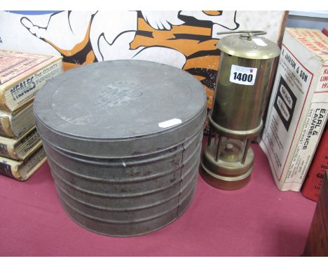 Brass Ferndale Coal Miner Lamp, 'M &amp; D' Crisps Tin.