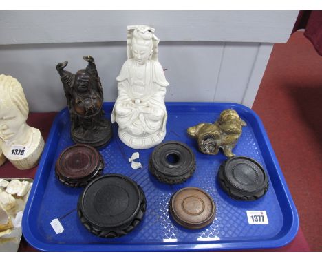 Oriental Brass Temple Lion, 11cm high. Ceramic &amp; Resin figures (damages), five hardwood stands:- One Tray.