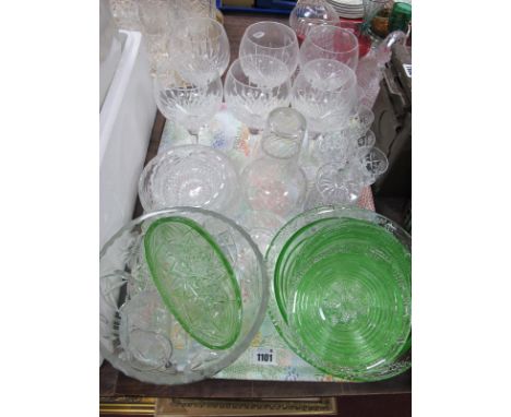 Cut Glass Wine Glasses, fruit bowl, green tinted dessert set, etc:- One Tray