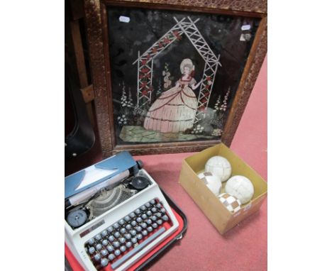 Erika Portable Typewriter, four bowls, and a Chinese foil wall hanging of a lady.