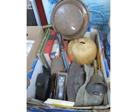 Brass Bell, copper warming pan, books, hats, camera's, large string ball, tools etc:- One Box.