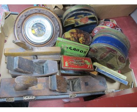 Vintage Block Planes, spirit level, early XX Century aneroid barometer, vintage confectionary and cigarette tins:- One Box.