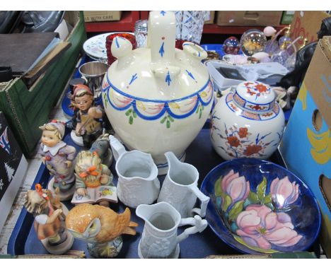 Moorcroft Bowl, painted in the Magnolia design on a blue ground (damaged), Beswick owl, Portmeirion jugs, ginger jar, etc:- O