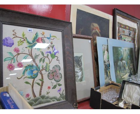 Helena Maguire Colour Print, 24 x 18cm, Pears 'Cherry Ripe' and pair equestrian prints, tapestry, Egyptian watercolour. (6)