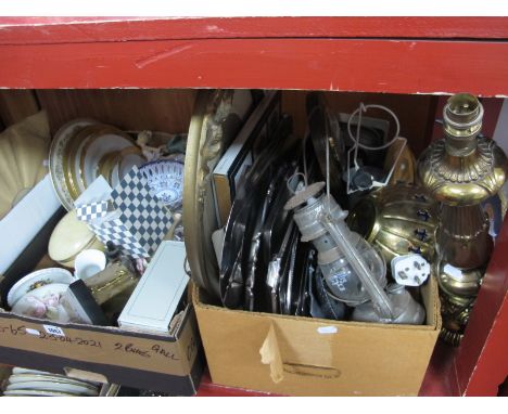 Stainless Steel Serving Dishes, Tilley lantern, china ornaments, etc:- Two Boxes and a brass effect table lamp. (3)