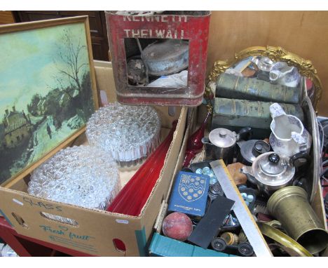 Two Moulded Glass Ceiling Light, plated tea pot, binoculars etc:- Two Boxes.