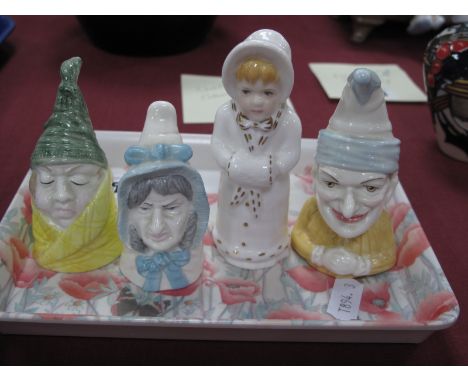 Four Royal Worcester Candle Snuffers - Mr Caudle, Mrs Caudle, Punch and Girl with Muff. (4)
