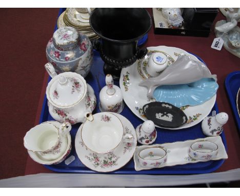 Royal Albert 'Lavender Rose' Solitaire Tea Set, Aynesley cake plate, Poole shell posy, Wedgwood urn etc:- One Tray.
