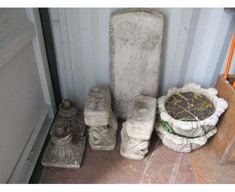 A Pair of Reconstructed Stone Garden Urn, to reconstructed stone garden bench.