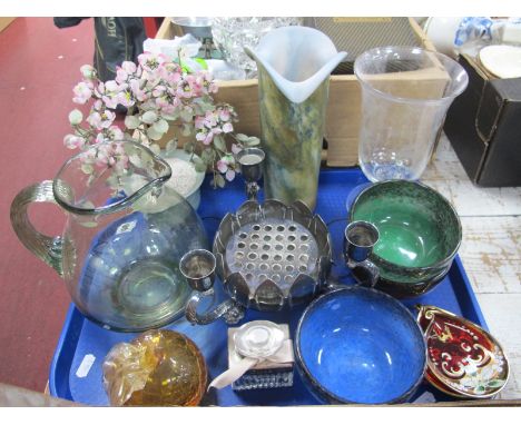 Monart Glass Type Bowls, etched celery vase, plated candle holder/flower bowl, oriental miniature glass bonsai tree etc:- One