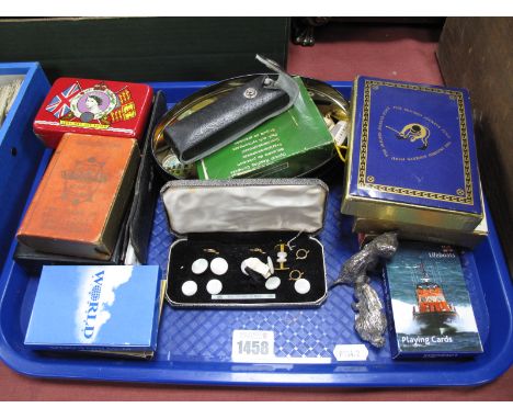 Playing Cards, ebony box, coins, press studs, badges, coins etc:- One Tray.