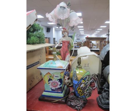 A Pottery Figural Table Lamp, with mottled glass shades, an Oriental style square shaped lamp,Tiffany style butterfly lamp an