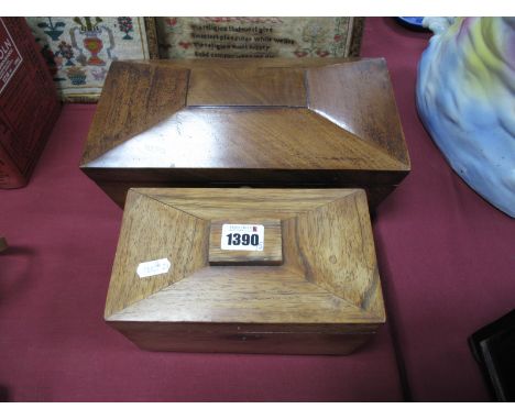 A XIX Century Mahogany Tea Caddy, of sarcophagus form, 29cm wide; another smaller. (2)