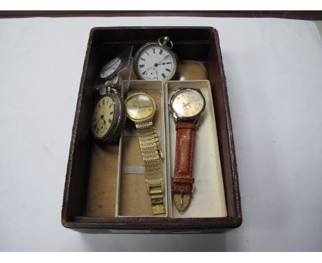 Two Vintage Pocketwatches, (key wound and wind-up); plus two enamel faced fob watch movements (one G.W. Benson), two vintage 