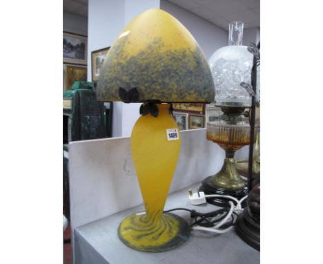 Art De France Yellow Mottled Glass Table Lamp, having mushroom shade, (in the Art Nouveau manner), approximately 46cm high.