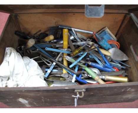 A Wooden Tool Chest, containing Black &amp; Decker Sander, hammers, screwdrivers etc.