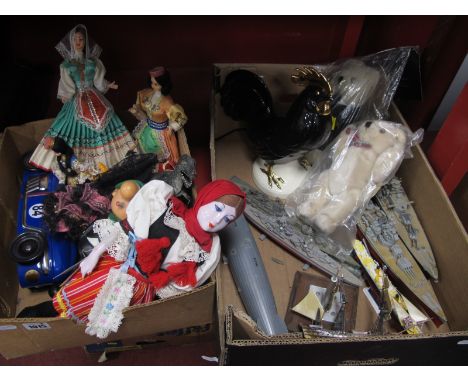 Goebel Cockerel, foreign costume dolls, Ringtons and other Teddy bears, made up kit ships:- Two Boxes.