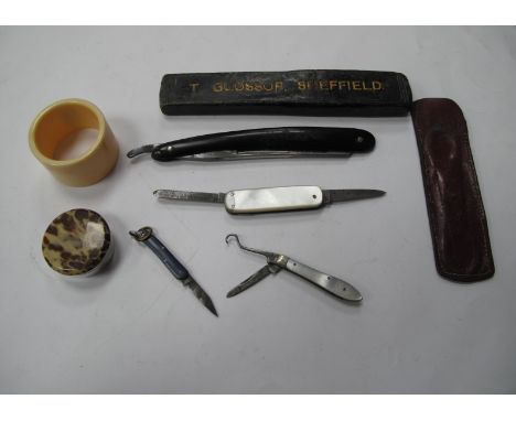 Small Collectables including two mother of peal penknives, cutthroat razor in 'T. Glossop, Sheffied' case, trinket box, etc (