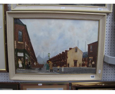 D.P Little (Sheffield Artist), 'Man Playing Trumpet by Henry Cox Corner Shop with Terraced Houses and Mills/Factories in Dist