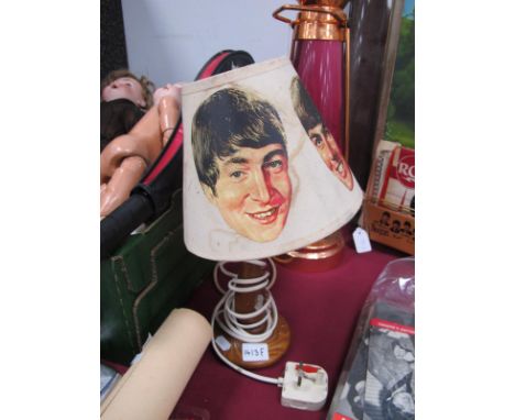 The Beatles, oak table lamp with shade, featuring The Four Faces of the band members.