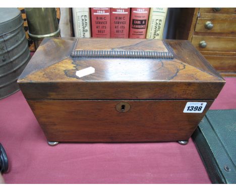 A XIX Century Rosewood Tea Caddy, of sarcophagus form, on bun feet, 28cm wide.