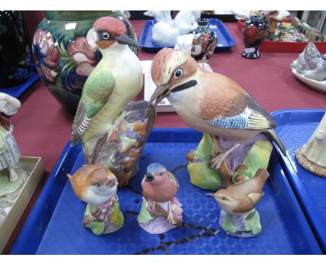 Royal Worcester Model of a 'Woodpecker', No. 3249, 18cm high and 'Jay', No. 3248, 15cm high; three smaller models of Wren, Ni